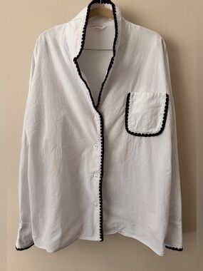 Commense Pure Cotton Contrast Trim Lapel White Shirt with Black Trim